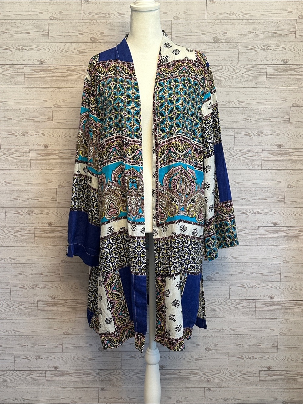 Chico’s 100% Linen Patchwork Paisley Duster Cardigan Blue Boho